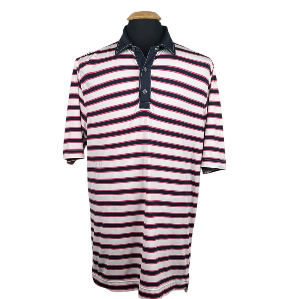 Foot Joy Men's Blue White Pink Striped Golf Classic Preppy Polo Shirt Size Large